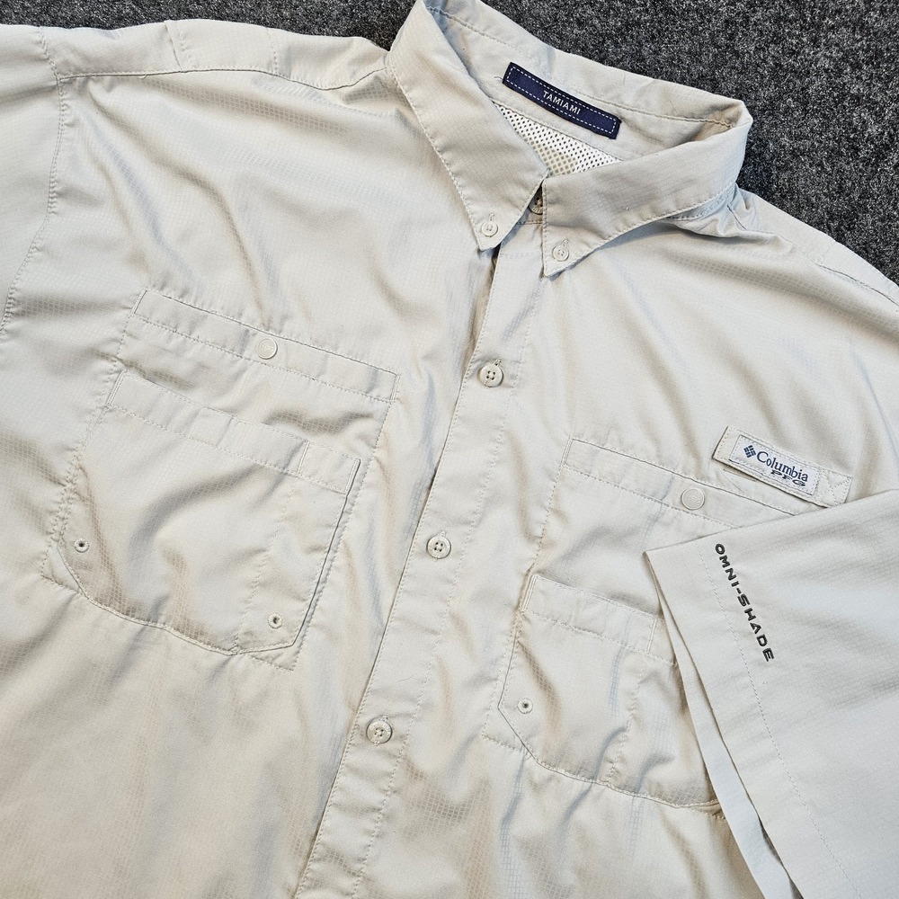 Columbia PFG Tamiami Mens XL Fishing Shirt Beige Omni Shade Vented Outdoor